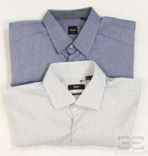 Boss Hugo Boss White Blue Striped Button Down Shirt Set Sz 17 5 34 35 
