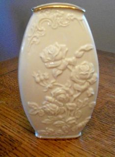 Lenox Vase Embossed Roses 24K Gold Trim Floral Cream