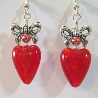 Czech Red Heart Glass Pearl with s P Bow Earrings