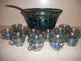 Vintage Carnival Blue Punch Bowl 12 Cups Beautiful Great Condition 