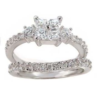   Silver wedding 2 ring set size 4 CZ Princess Cut Bridal Engagement w15