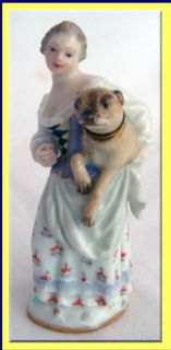 Antique Meissen Porcelain Perfume Scent Bottle Woman w Pug Dog c1850 
