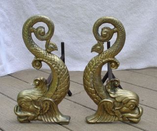    Dolphins Symbol Brass and Steel Metal Fireplace Log Holder Andirons