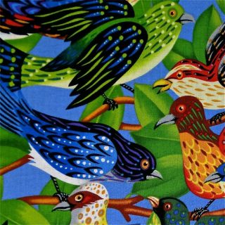 Hoffman Cotton Fabric Folk Art Bright Colorful Birds on Blue per 1 2 