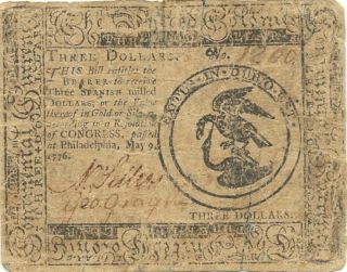 1776 $3 AMERICAN REVOLUTION CONTINENTAL CURRENCY   ISSUED MAY 9, 1776 