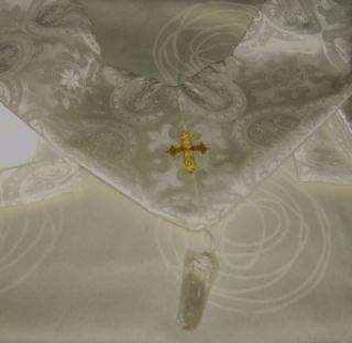 White Satin Fleur de Lis Tulip Cross Brocade Clergy Stole Communion 
