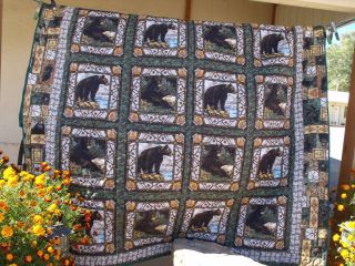 black Bear brown bears Trees woods flannel back QUILT USA 94 x 107 