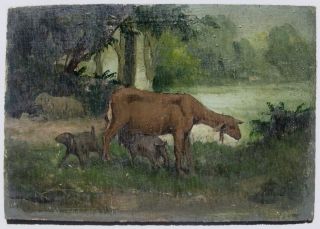 Fine Antique Oil Painting Belgian Forest Sheep Ewes c1900 on Wood 
