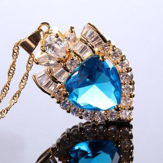 SALE Heart Round Cut Blue Aquamarine 18k Gold Plated Pendant Necklace 