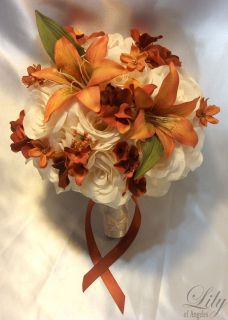 17pcs Wedding Bridal Bouquet Flowers Bride Silk Dusty Burnt Orange 