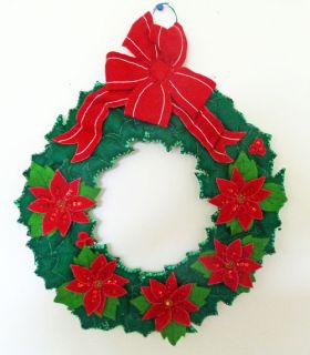 Hand Made Crafted Quilted Felt Puffed Leaf Poinsettia Sequin Christmas 
