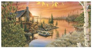 Mark Daehlin Autumn Evening Deer and Lake Cabin print 33 x 17