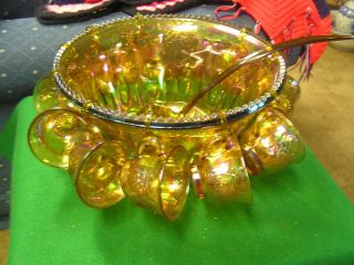 INDIANA Glass AMBER Irridescent CARNIVAL Glass PUNCH BOWL & 10 CUPS w 