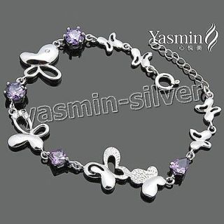   Silver Butterfly Link Charm Amethyst Crystal Bracelet 8 TH201638