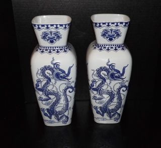 LARGE Antique ARDALT Porcelain Dragon Azul Vases (each stand 1 Foot 