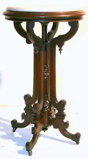 c1870 Renaissance Victorian marble top candle stand, pedestal, walnut 