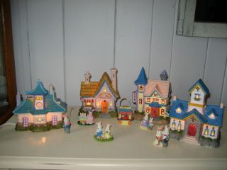   CERAMIC LIGHTED 10 PIECE BUNNY VILLAGE HOUSES BUILDINGS AND FIGURINES