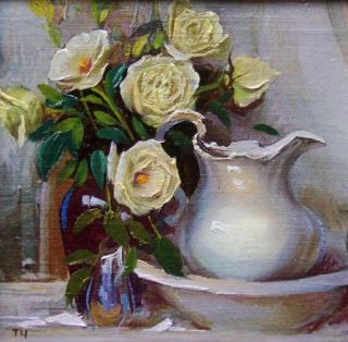 Oil on Canvas Miniature Roses Flowers Vase Painting Lithuanian White 