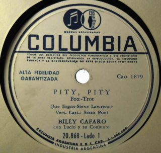 Billy Cafaro Pity Pity Latin Rock 60s 78 RPM Record in Condition 
