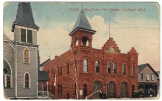 1910s Calumet MI Red Jacket Fire Station Postcard Houghton County 