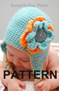 PATTERN for Making a Crochet Blue Baby Earflap Hat with Flower