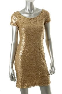 Calvin Klein New Gold Sequined Short Sleeves Cocktail Evening Dress 