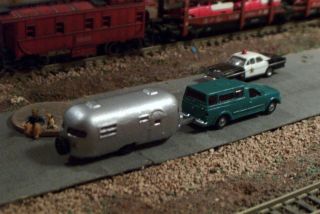 Pickup Truck with Cap and Camping Trailer N Scale Vehicle
