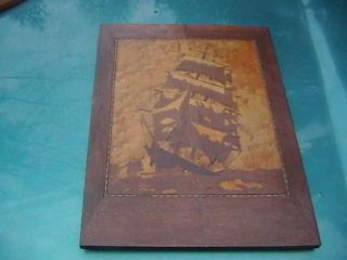 VINTAGE FOLK ART WOODEN INLAY NAUTICAL SHIP PICTURE MUST SEE
