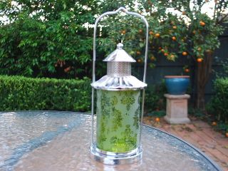 Metal Tealight Lantern Candle Holder Green Glass Home Decor Garden 