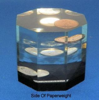 Vintage Lucite Acrylic Canadian 3 Coin Octagon Paperweight
