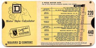 Motor Data Calculator SQUARE D COMPANY 3Phase 1965 Slide Chart GRAYBAR 
