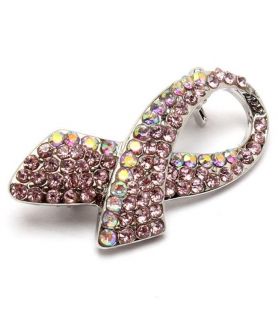 Small Breast Cancer Awareness Pin AB Rhinestones Pink Ribbon Aurora 