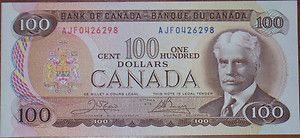 Canadian $100 One Hundred Dollar Paper Money Bill 1975 Uncirculated 