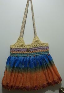 Cappelli Straworld Multi Colored Straw Fabric Bohemian Tote Bag Purse 