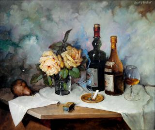 Carl H Fischer 1885 1955 Still Life w Roses Wine Cigarerette