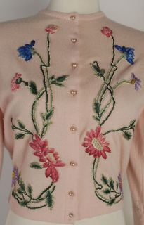 Vintage 50s Helen Bond Carruthers Pink Cashmere Cardigan w Floral 