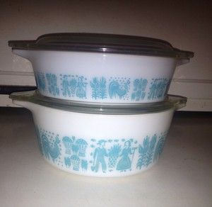 Vintage Pyrex Casserole Dishes with Lids Turquoise Blue Amish 