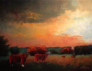 SUNSET Tonalist Cattle Ranch Original Cows, Barn and LANDSCAPE Oil 