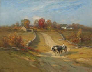 John Carleton Wiggins Antique American Listed Cow Landscape Signed Oil 