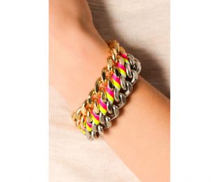 NEW! CC SKYE Natalie NEON Pink Yellow Metal Chain Leather Bracelet w 