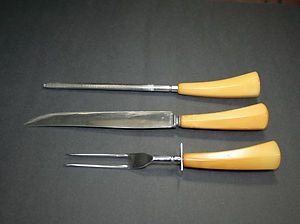 Vintage Butterscotch Bakelite Knife Carving Fork Sharpening Steel
