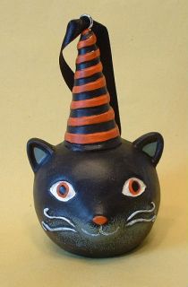   Handcrafted Primitive Folk Art Black Cat Kitten in Stripe Hat Ornament