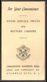 Chalfonte Haddon Hall Hotel Atlantic City Room Service Bottled Liquor 