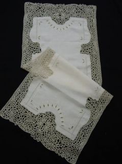 Elegant Set of Antique 8 Placemats and Runner Linen Lace Embroidery 