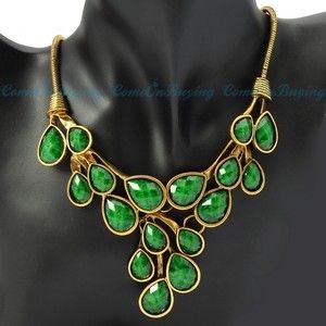 Vintage Golden Chain Water Drop Green Resin Beads Crotch Pendant Bib 