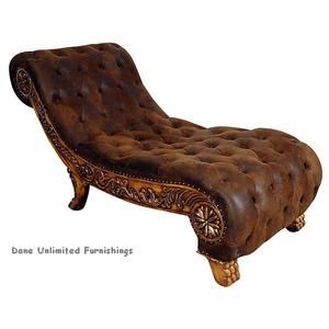 Distressed Tufted Leather Chaise Lounge Chair Beautiful Carved Detail 