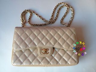 Authentic Chanel Pearly Pearlized Beige Caviar Classic Jumbo Flap Gold 