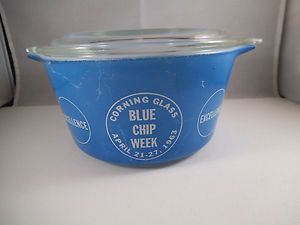   Pyrex Blue Chip 1 Qt Casserole Dish Bowl & Lid Charleroi April 1963