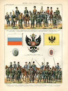 1897 Russia Army Uniform Flags Arm Military Map Antiquelithograph 
