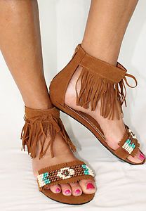 NWB Cherokee Fringe Indian Beaded Ankle Strap Gladiator Womens Sandals 